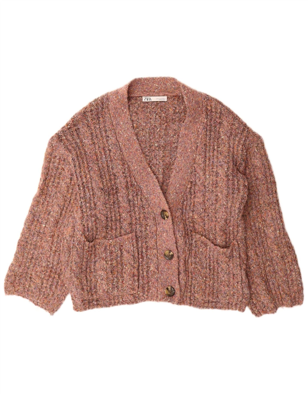Zara Damen-Strickjacke in Übergröße, Gr. 14, mittelrosa geflecktes Polyester