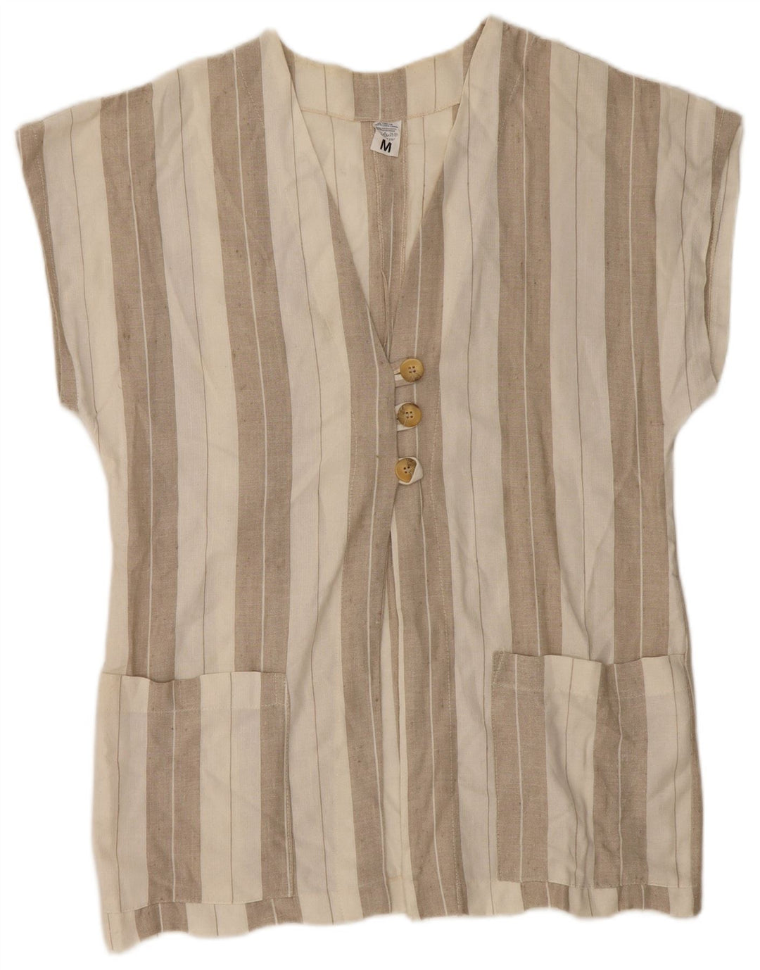 Vintage Damen Kurzarm-Hemdbluse UK 14 Medium Beige Gestreiftes Leinen