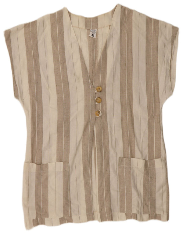 Vintage Damen Kurzarm-Hemdbluse UK 14 Medium Beige Gestreiftes Leinen
