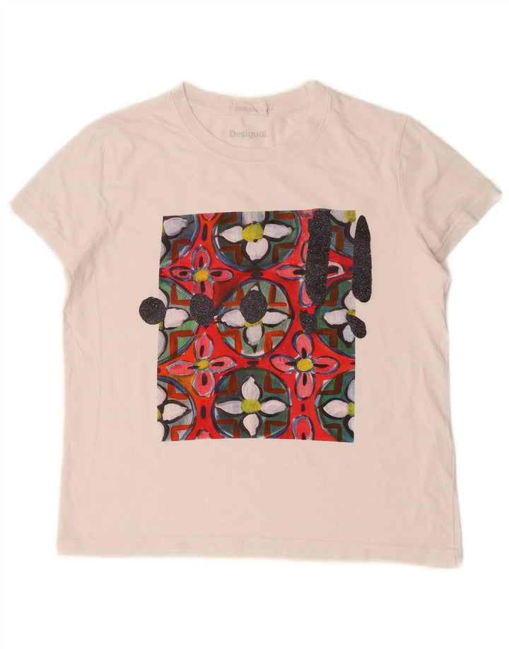 Desigual Damen Grafik T-Shirt Top UK 12 Medium Weiß