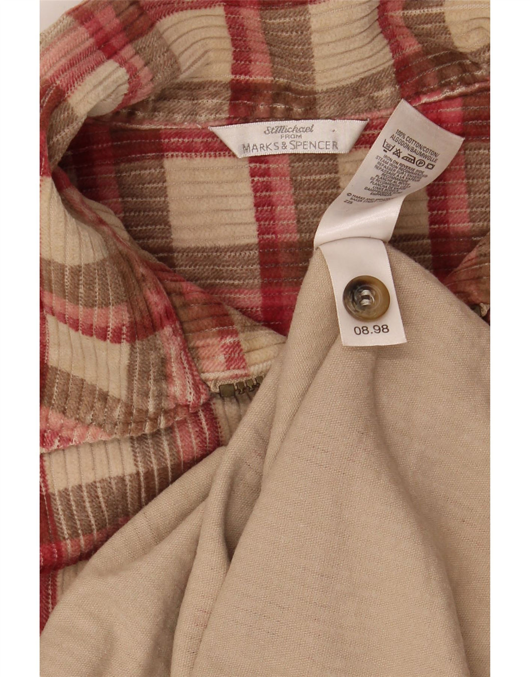 MARKS & SPENCER Herren-Cordhemd, Größe 16, große beige karierte Baumwolle