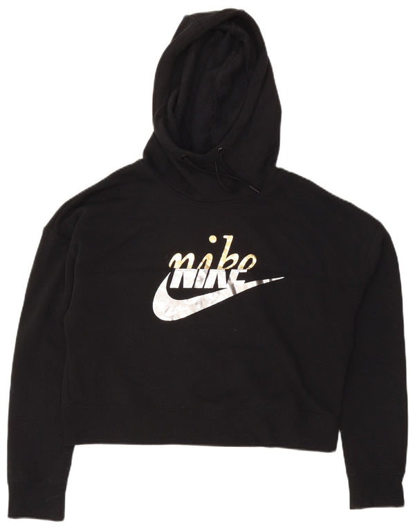 Nike Womens Oversized Crop Graphic Hoodie Pullover UK 10 Small Schwarz Baumwolle