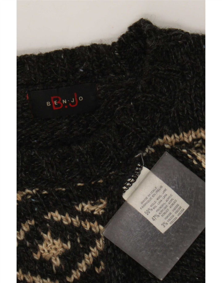 Vintage Herren-Pullover mit Rundhalsausschnitt, groß, graue Fair-Isle-Wolle