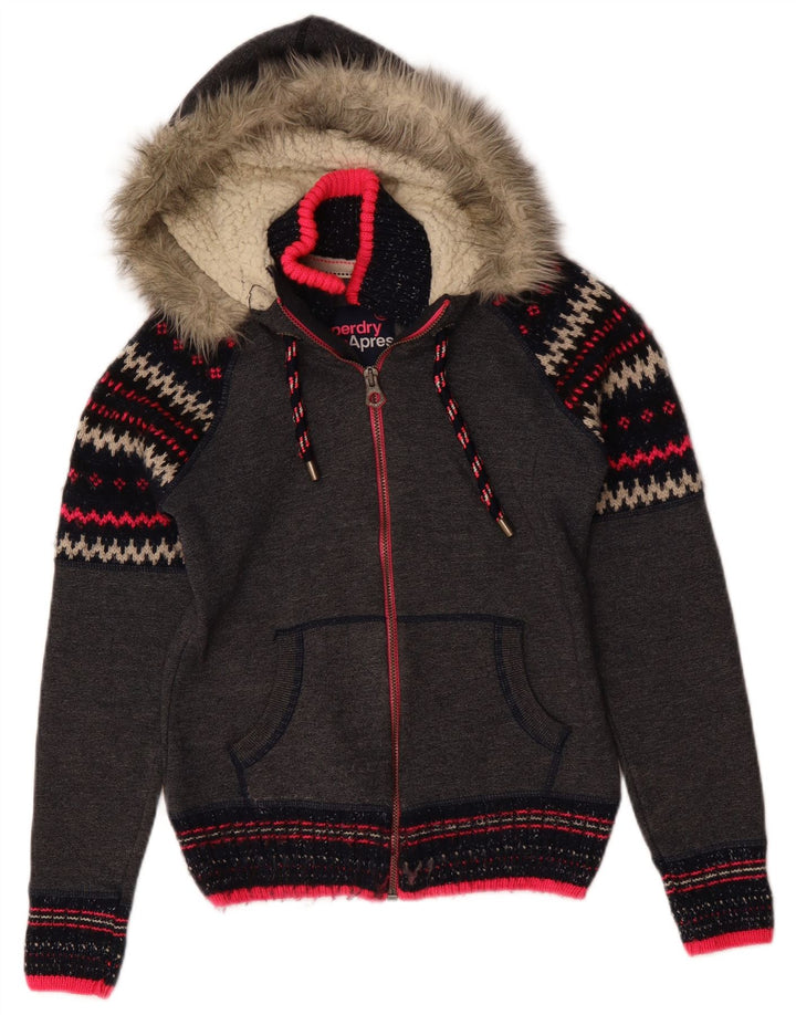 Superdry Damen-Kapuzenpullover mit Reißverschluss, UK 10, Größe S, grau, Chevron-Polyester
