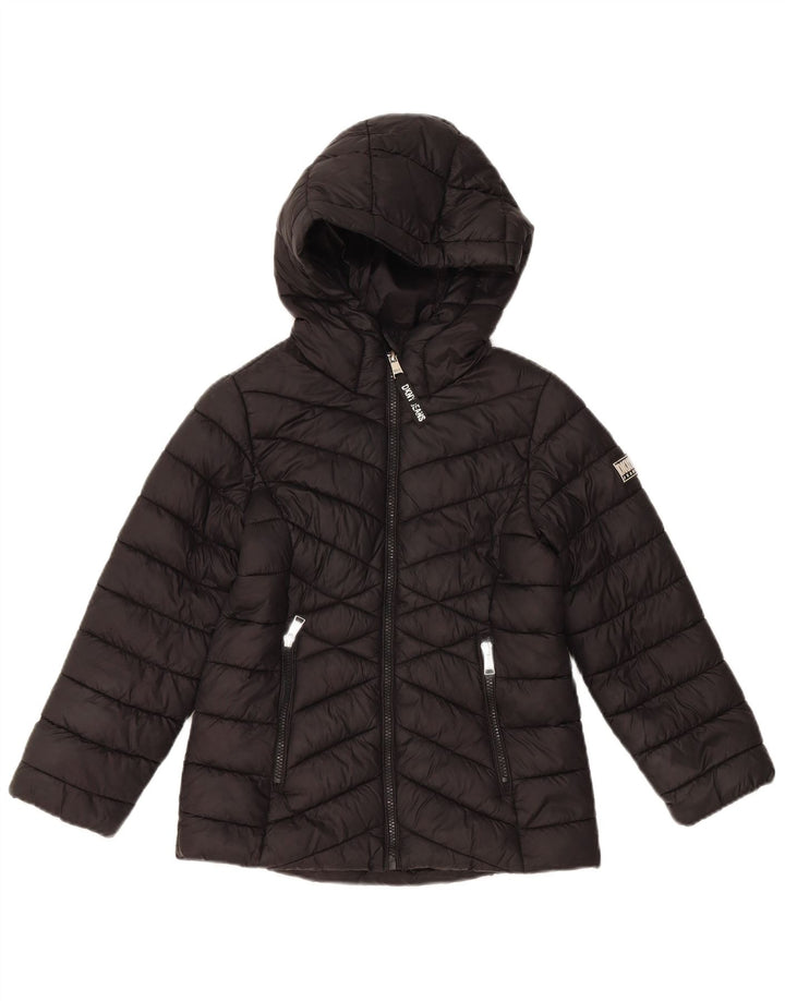 DKNY Girls Hooded Padded Jacket 7-8 Years Small Black Nylon