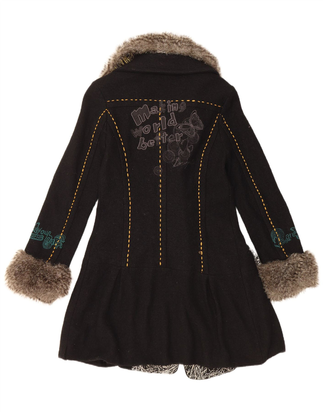 Desigual Damen grafischer zweireihiger Mantel EU 36 Kleine schwarze Wolle mit Blumenmuster