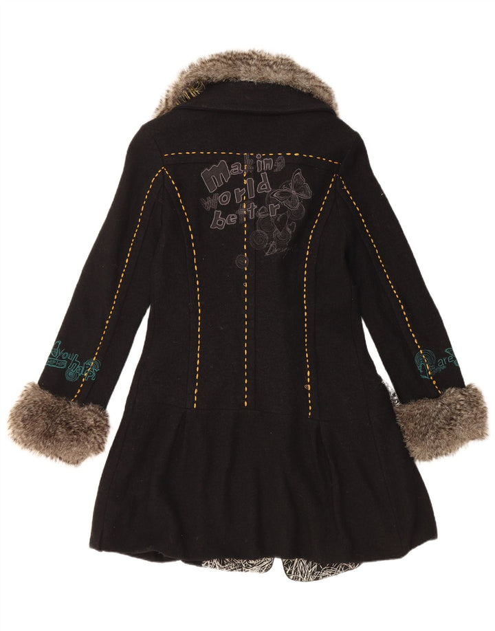 Desigual Damen grafischer zweireihiger Mantel EU 36 Kleine schwarze Wolle mit Blumenmuster