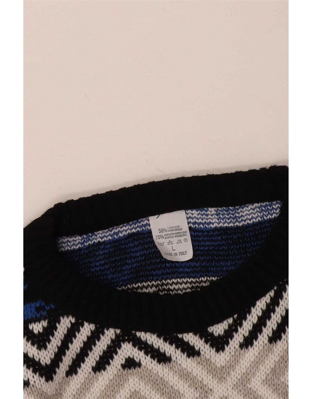 Vintage Herren-Pullover mit Rundhalsausschnitt, große, mehrfarbige, geometrische Wolle