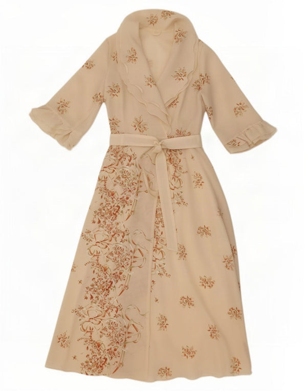 Vintage Damen 3/4 Ärmel Robe Maxikleid UK 14 Medium Beige Floral