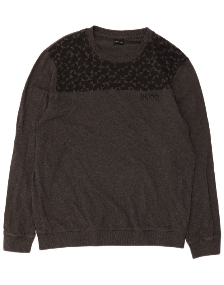 Hugo Boss Damen Sweatshirt Pullover UK 14 Mittelgraue geometrische Baumwolle