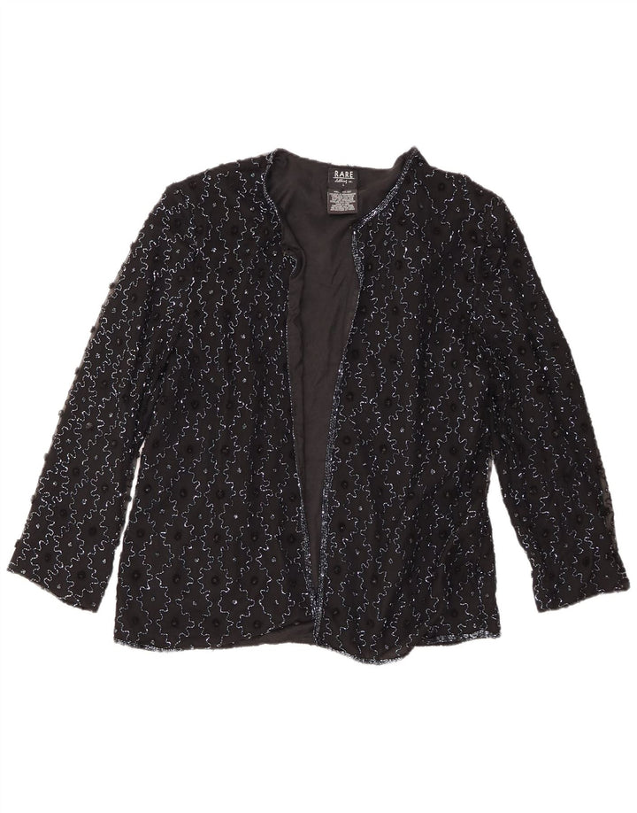 Seltene offene Damen-Blazerjacke, UK 16, große schwarze Seide