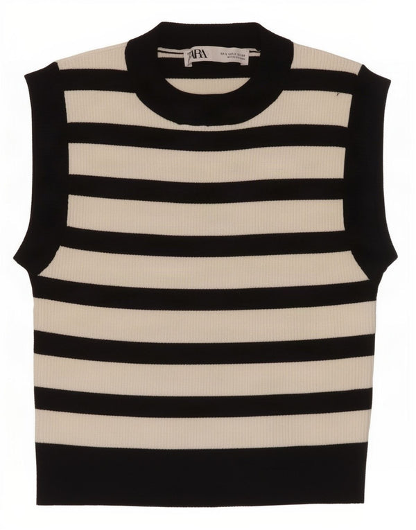 Zara Damen Crop Vest Top UK 8 Small Schwarz gestreifte Viskose