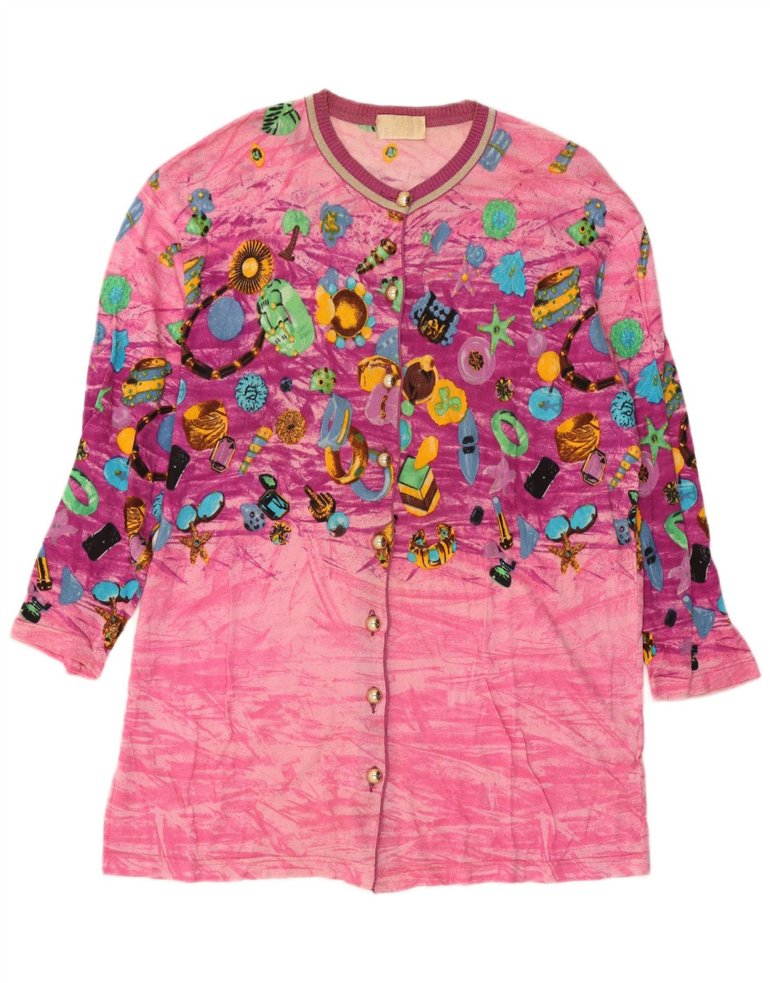 Le Bambole Damen-Strickjacke mit abstraktem Muster, lang geschnitten, Größe 48, XL, Rosa
