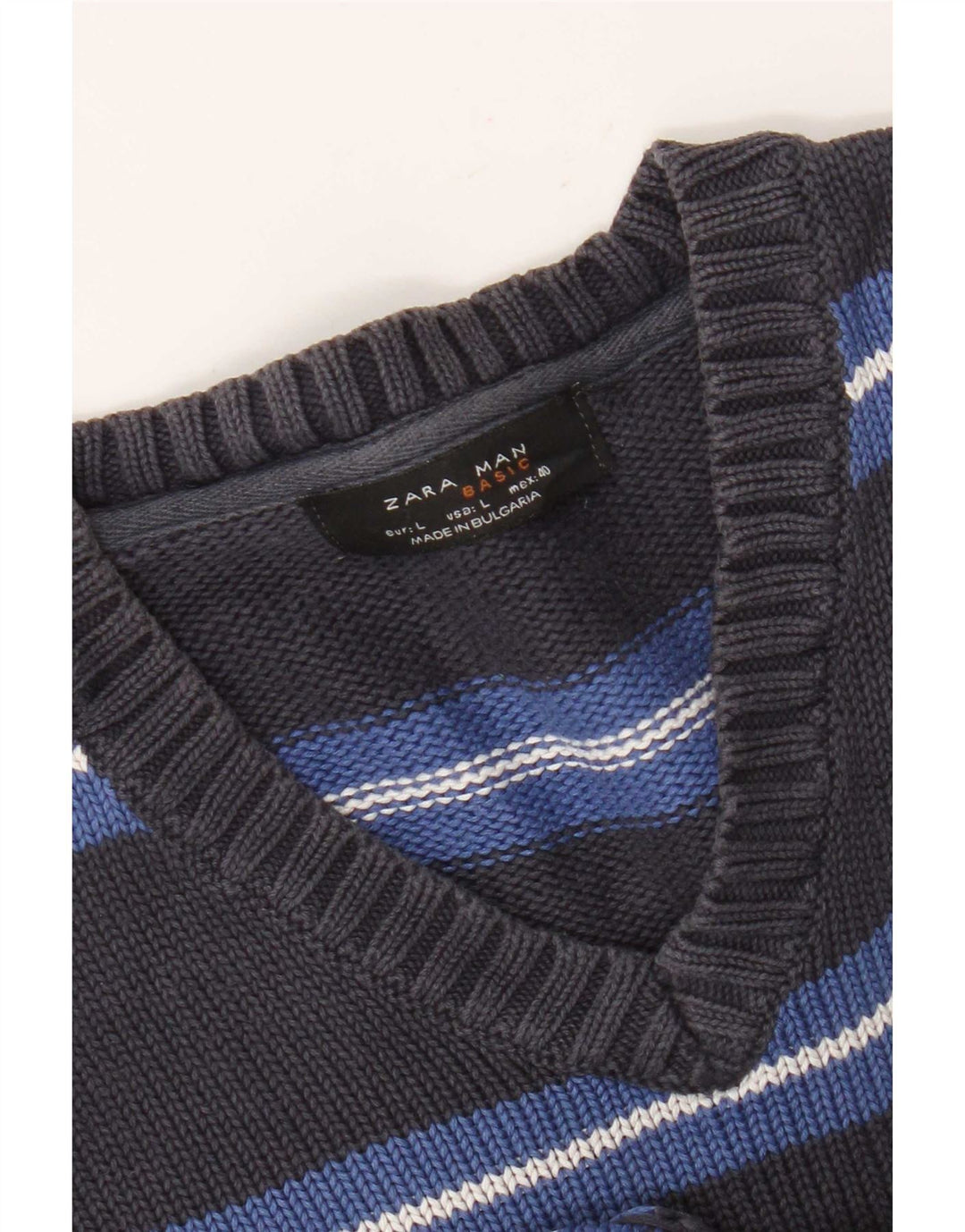 Zara Herren-Pullover mit V-Ausschnitt, groß, grau gestreift