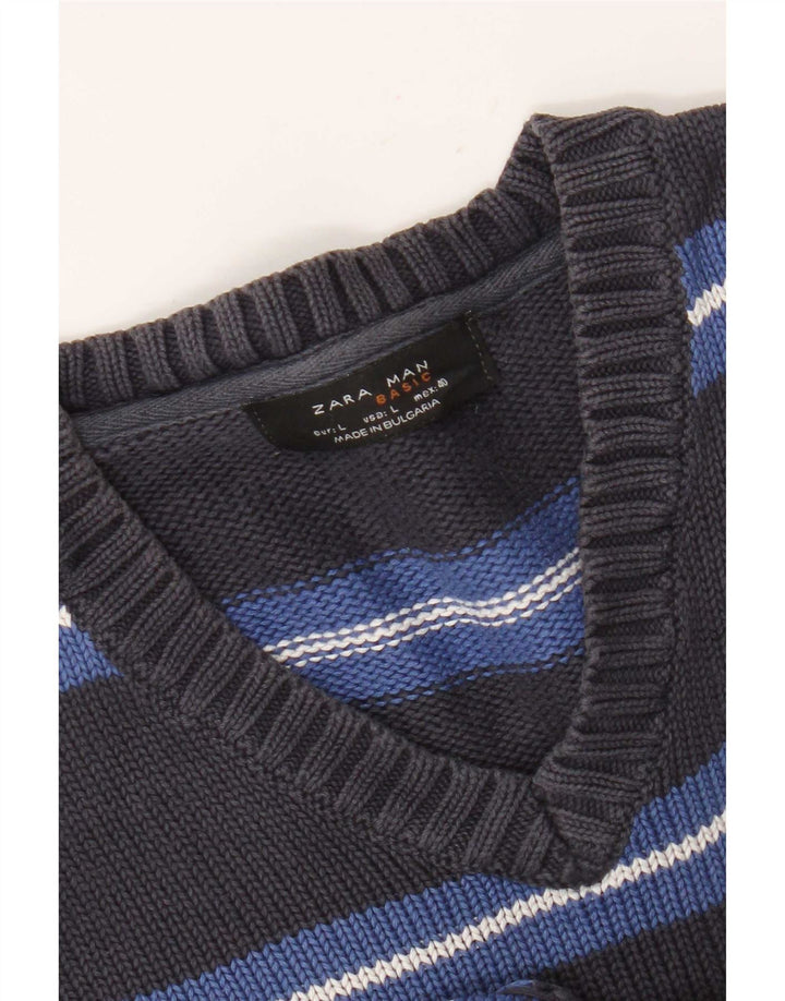 Zara Herren-Pullover mit V-Ausschnitt, groß, grau gestreift