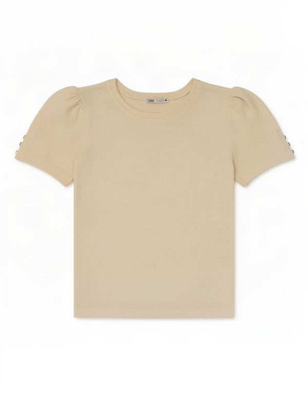 Zara Damen T-Shirt Top UK 10 Small Beige Viskose