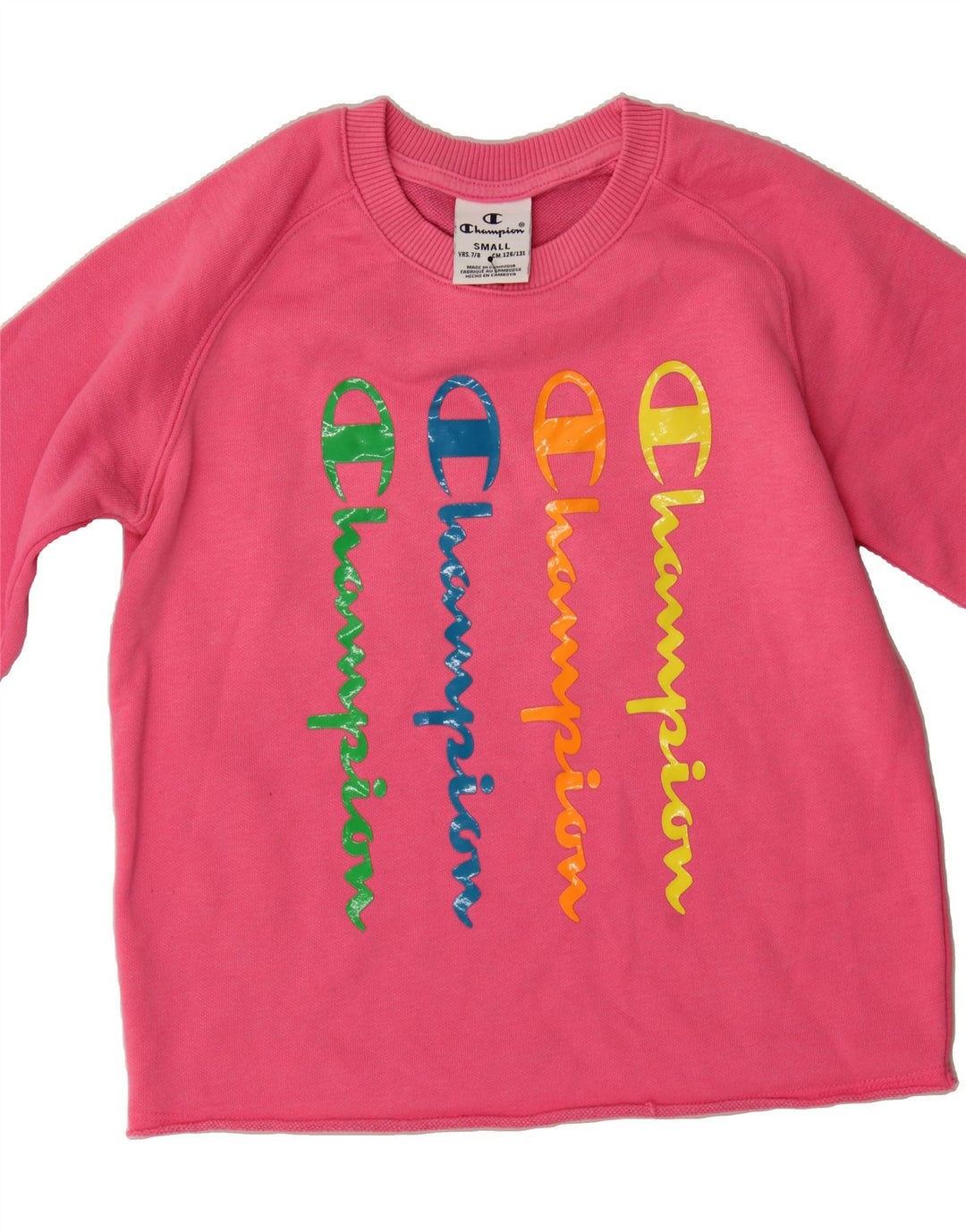 CHAMPION Girls Crazy Pattern Sweatshirt Jumper 7-8 Years Small  Pink Vintage Champion and Second-Hand Champion from Messina Hembry 