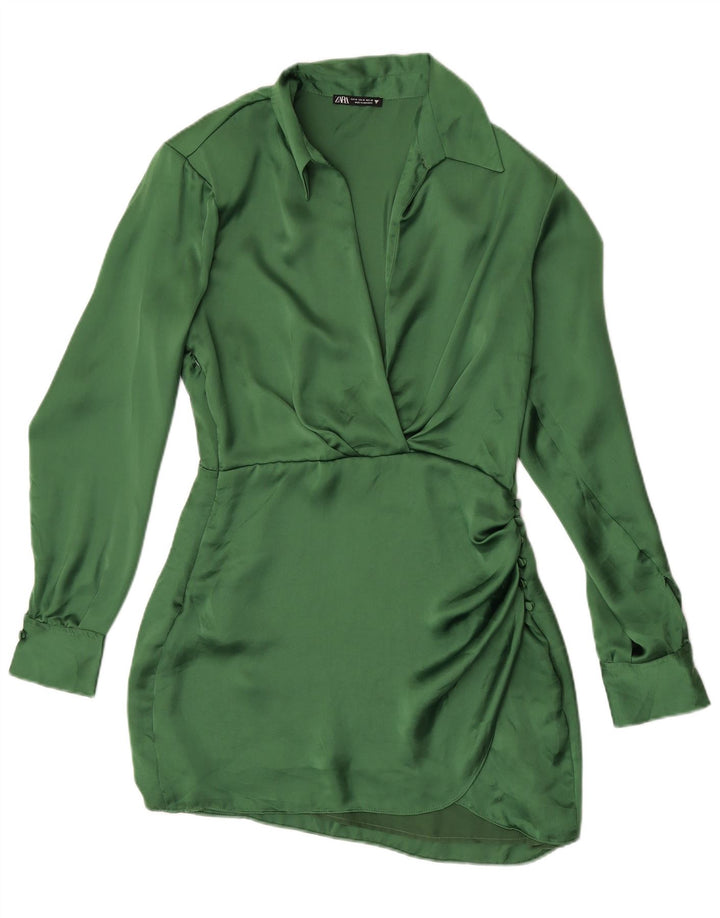 Zara Damen Langarm-Hemdkleid UK 12 Mittelgrünes Polyester