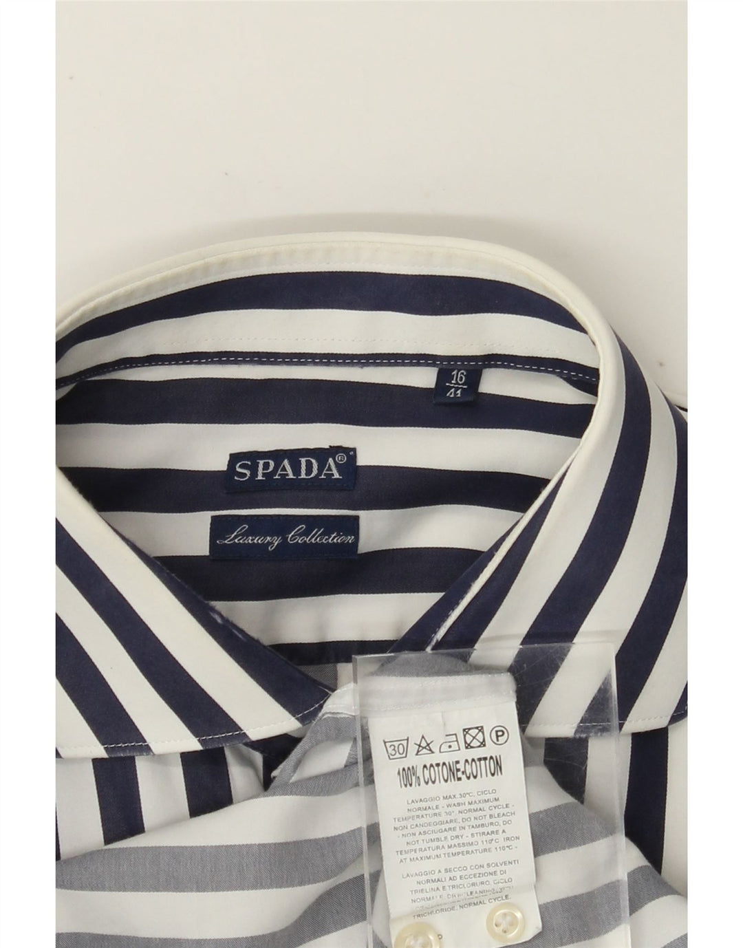 SPADA Mens Shirt Size 16 41 Large Navy Blue Striped Cotton