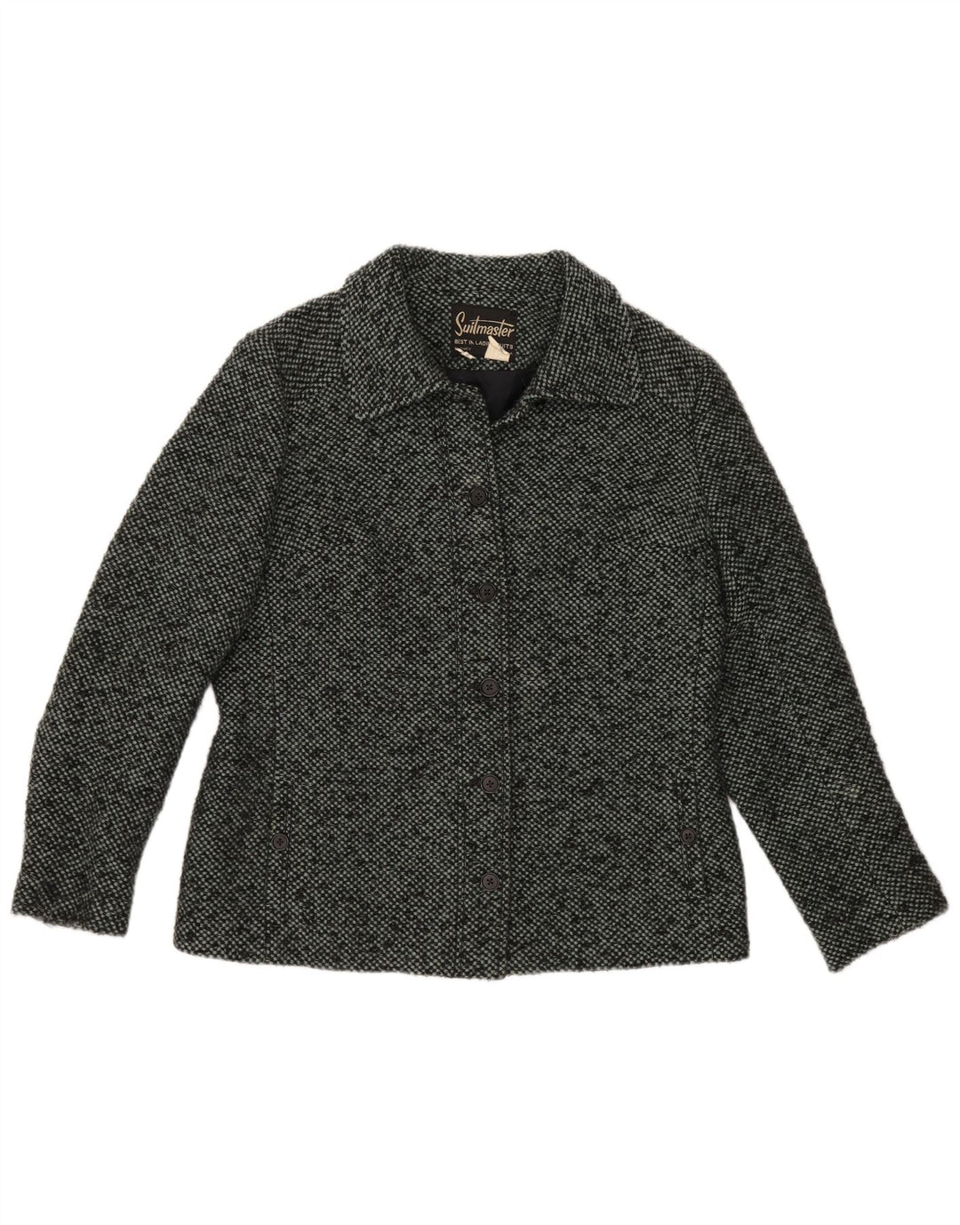 VINTAGE Damen-Blazerjacke mit 6 Knöpfen, UK 16, große grau gefleckte Wolle