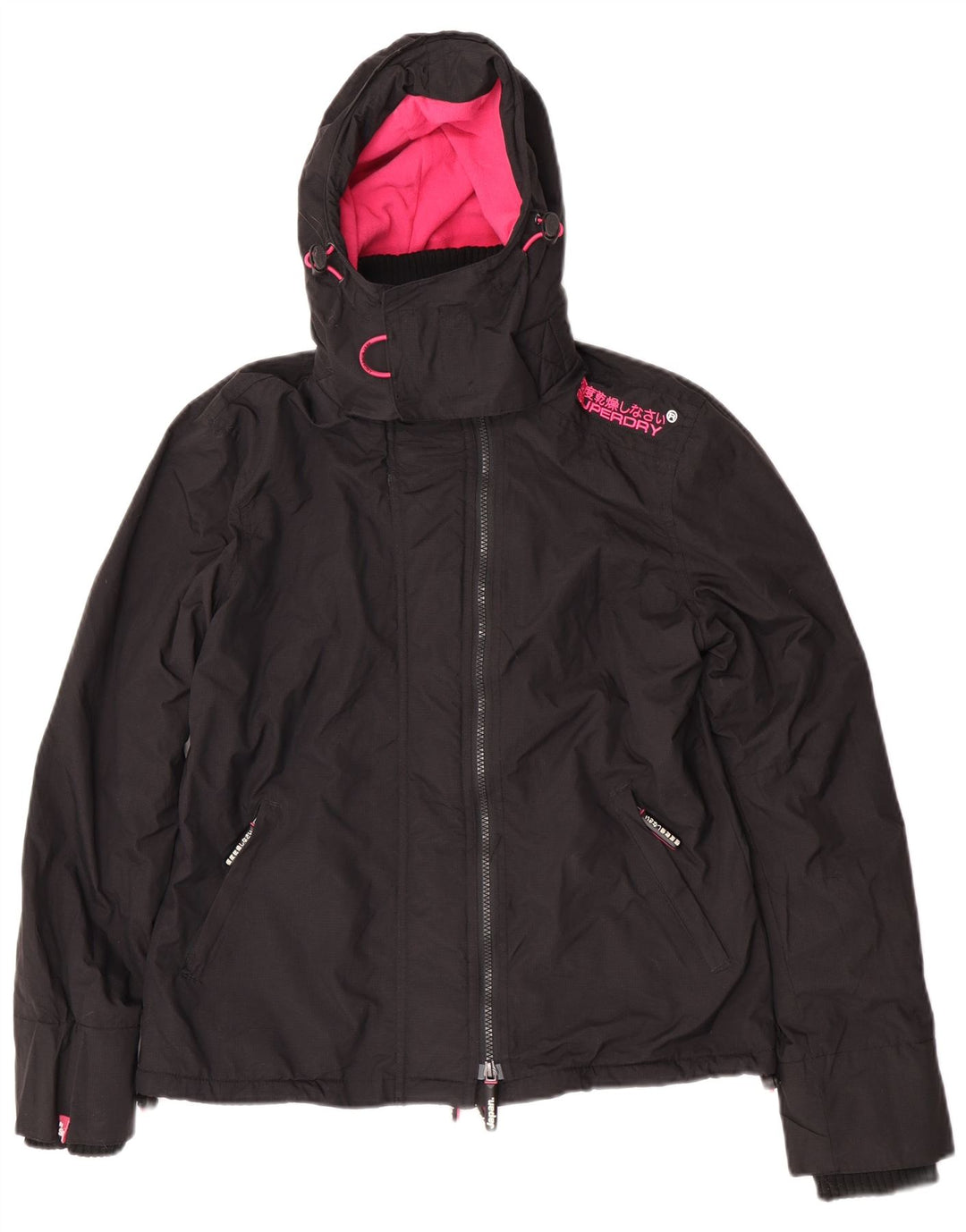 Superdry Damen-Windbreakerjacke mit Kapuze, UK 16, Größe L, schwarzes Nylon