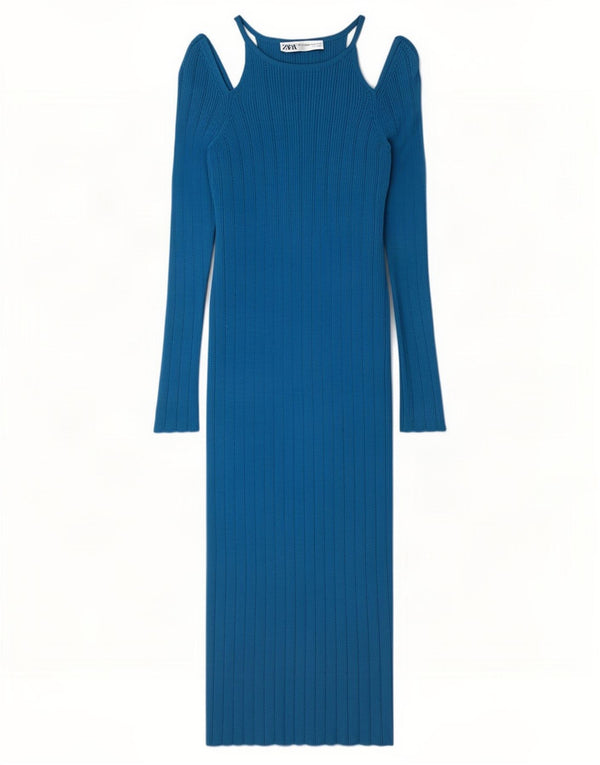 Zara Damen Langarm-Maxikleid UK 12 Mittelblaue Viskose