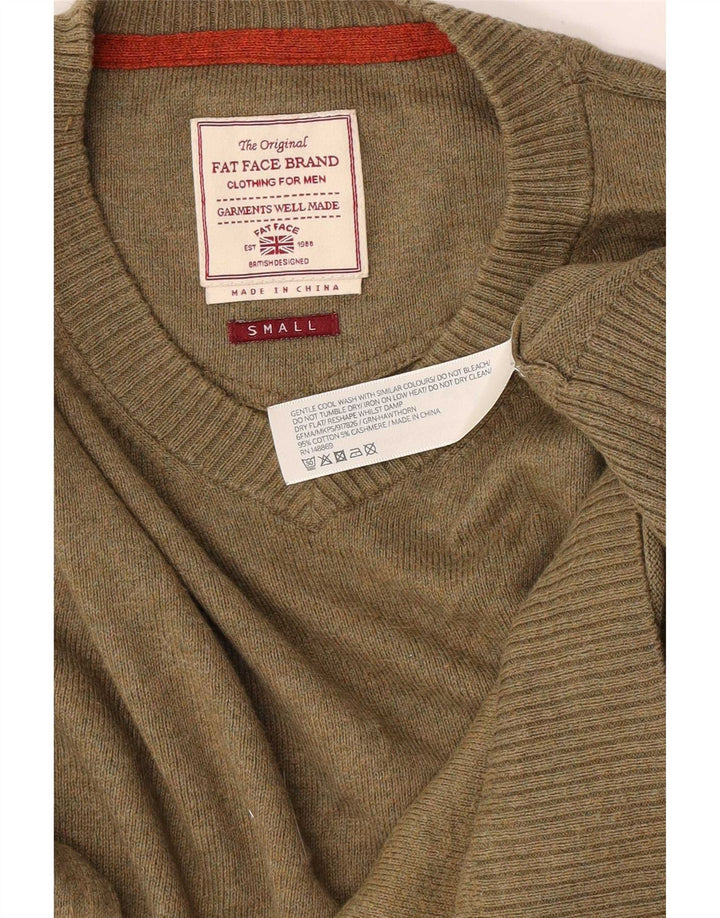 Fat Face Herren-Pullover mit V-Ausschnitt, Größe S, Khaki, Baumwolle