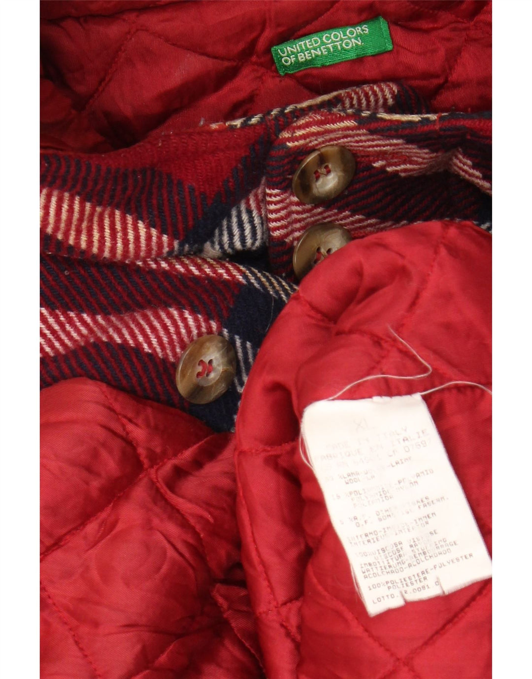 BENETTON Damen-Mantel mit Kapuze, UK 18, XL, rot karierte Wolle