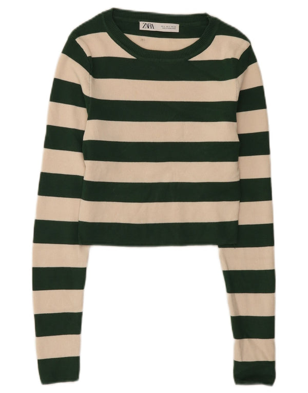 Zara Damen Crop Top Langarm UK 8 Small Grün gestreifte Viskose