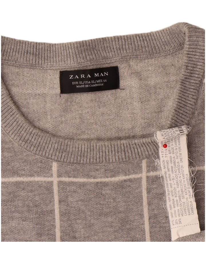 Zara Herren-Pullover mit Rundhalsausschnitt, XL, grau kariertes Nylon