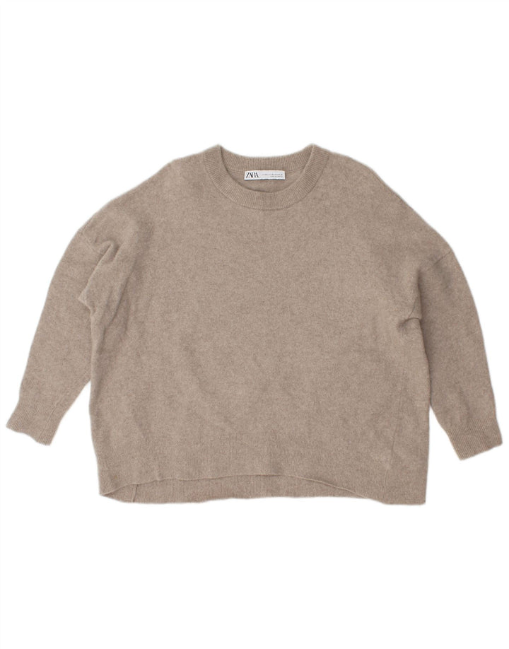 Zara Damen-Pullover, übergroß, Rundhalsausschnitt, Gr. 12, mittelbeige Wolle