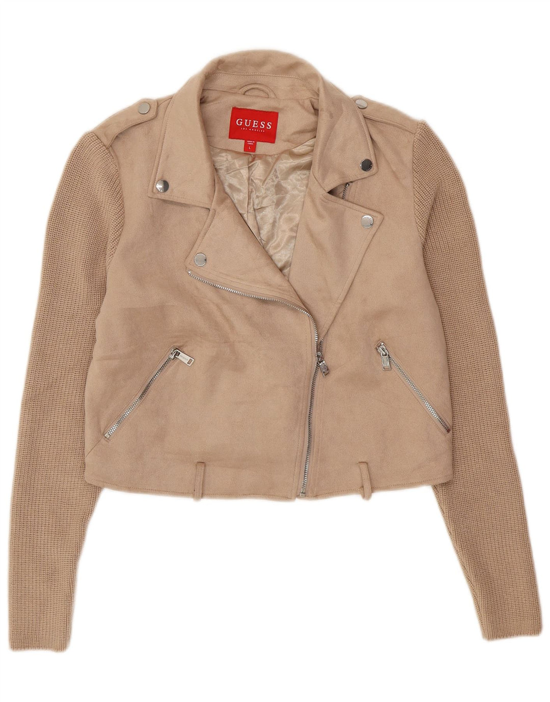 GUESS Damen Crop Knit Bikerjacke UK 16 Large Beige