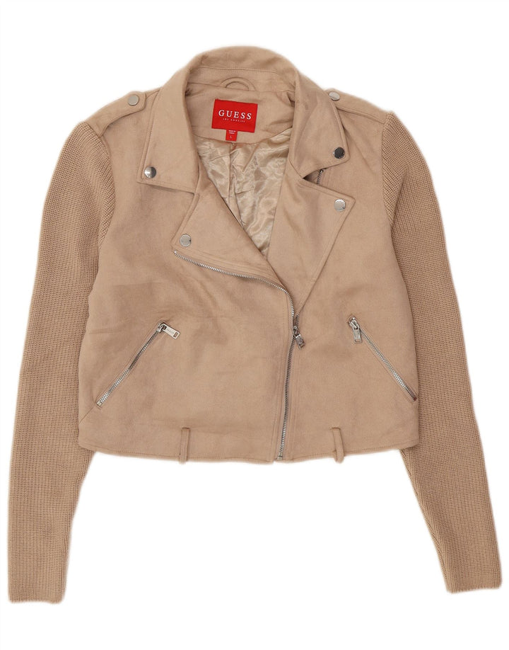 GUESS Damen Crop Knit Bikerjacke UK 16 Large Beige