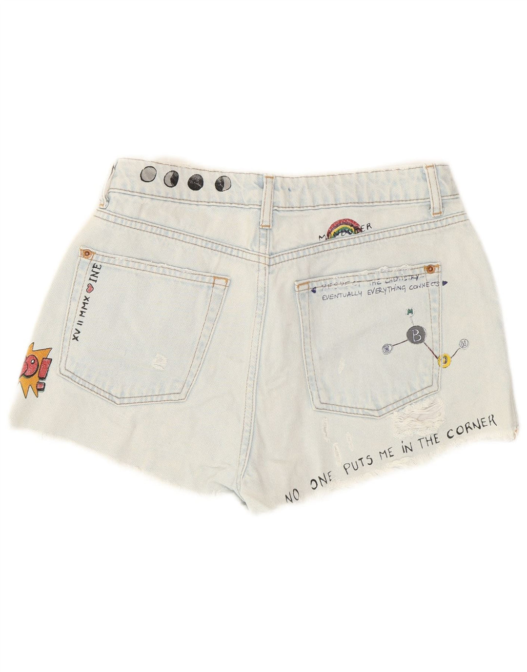 Pull & Bear Damen Denim-Shorts im Used-Look mit Grafik, EU 36, XS, W26, Blau