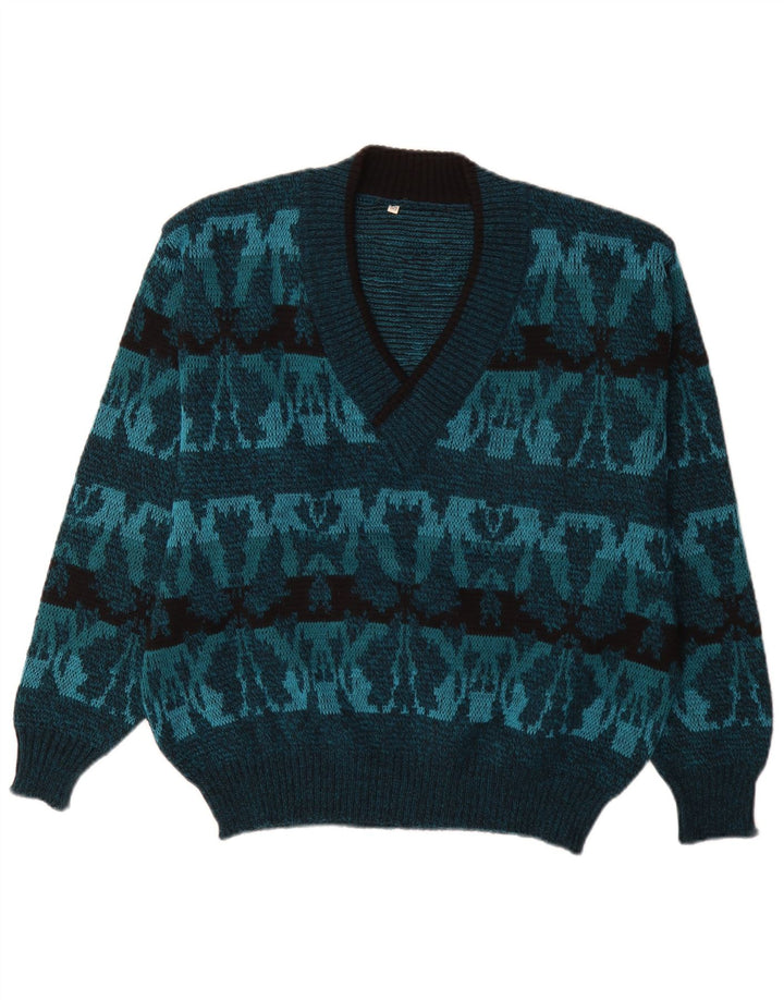 Vintage Herren Pullover mit V-Ausschnitt IT 50 Mittelblau Fair Isle