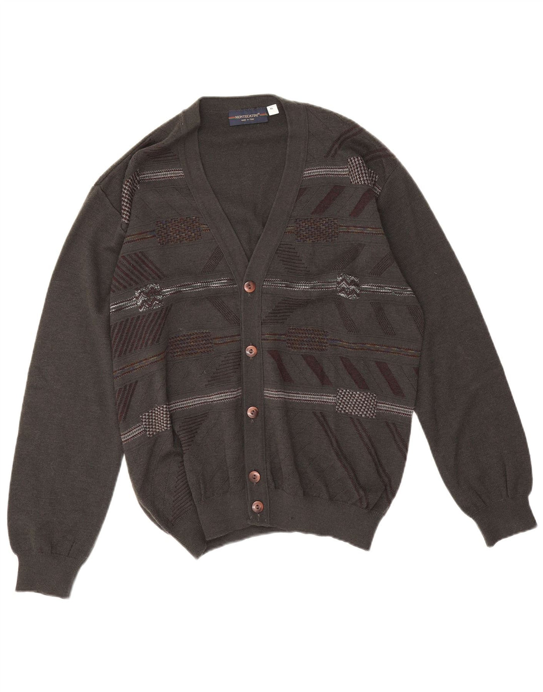 Montecatini Herren-Cardigan-Pullover XL Graue geometrische Merinowolle