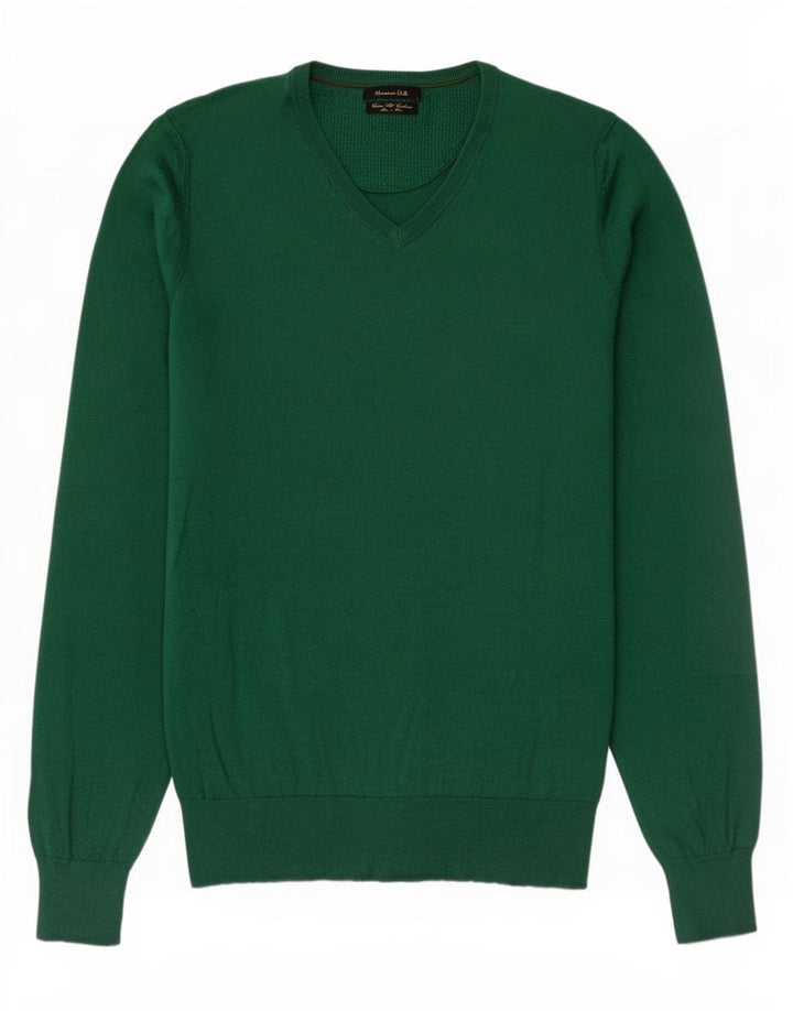 Massimo Dutti Herren-Pullover mit V-Ausschnitt, Größe S, grüne Baumwolle