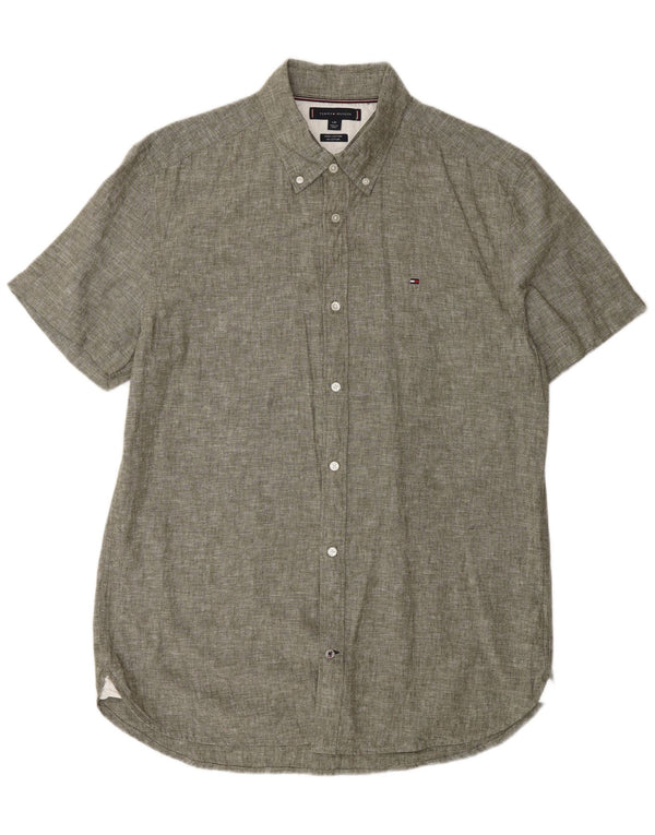 Tommy Hilfiger Herren-Hemd, kurzärmelig, normale Passform, groß, grünes Leinen