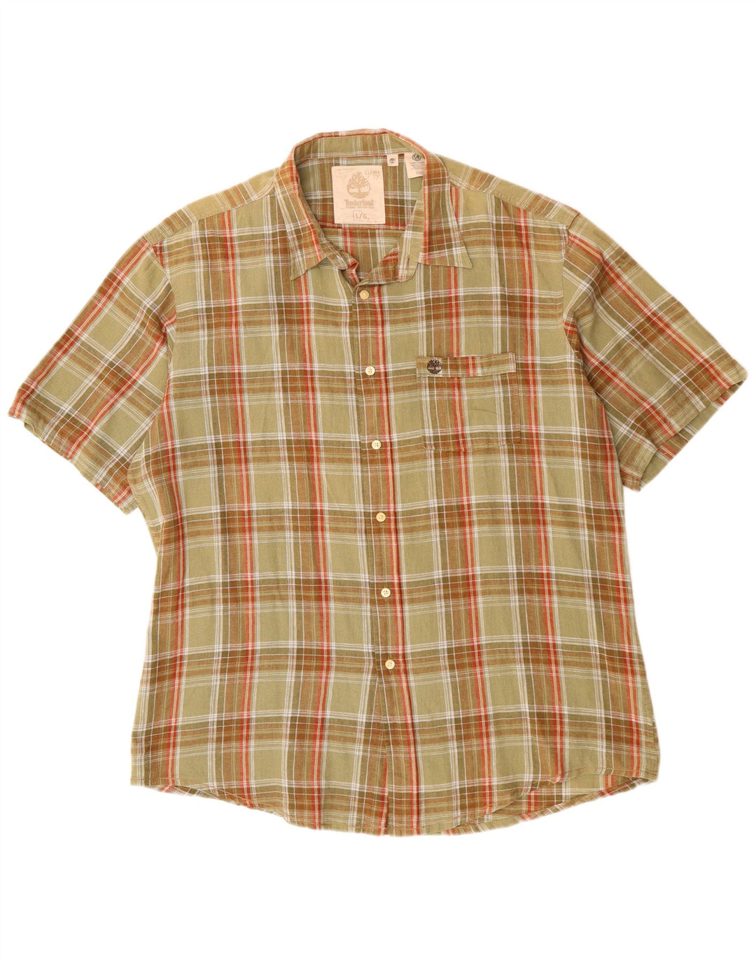 Timberland Herren-Kurzarmhemd, groß, Khaki, kariert, Baumwolle, klassisch