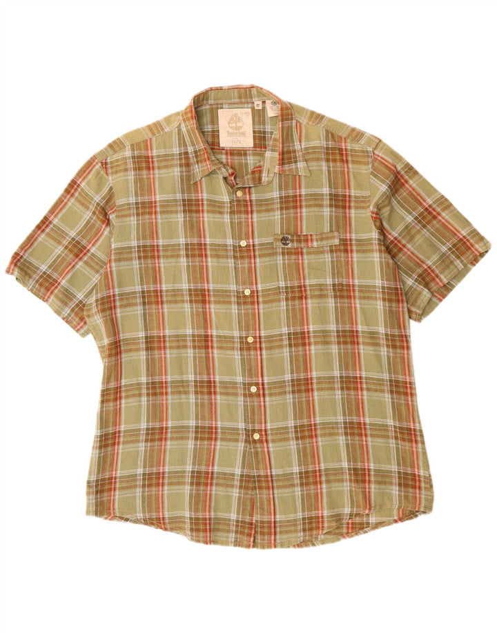 Timberland Herren-Kurzarmhemd, groß, Khaki, kariert, Baumwolle, klassisch