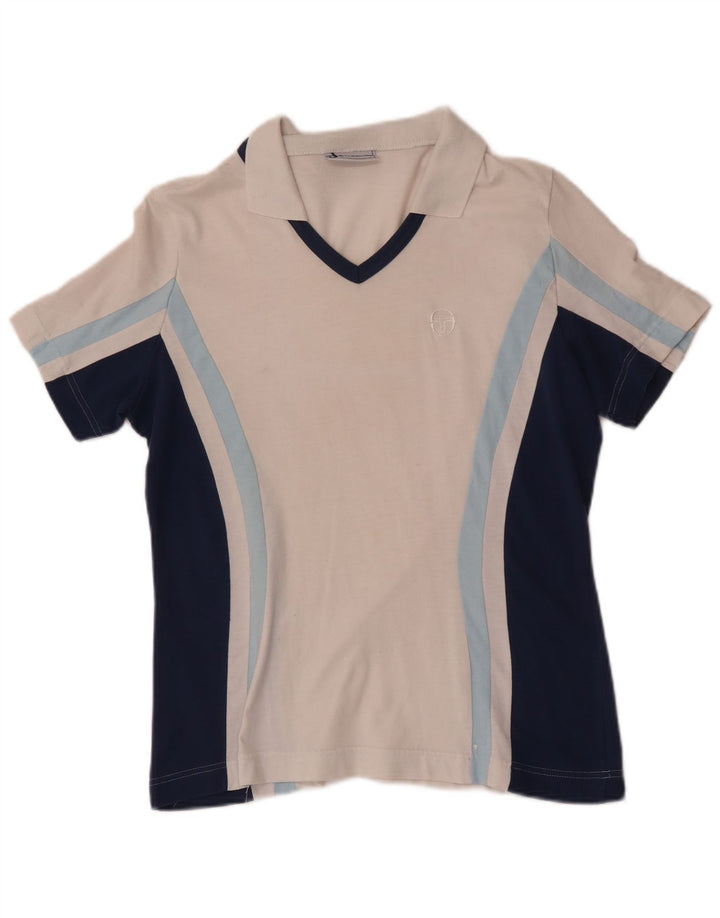 Sergio Tacchini Damen-Poloshirt UK 12 Mittelweiße Colourblock-Baumwolle