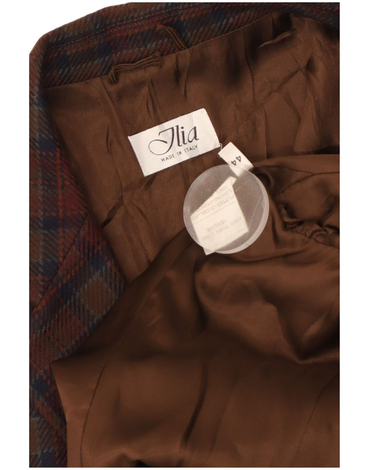 VINTAGE Damen 2-Knopf-Blazerjacke IT 44 Mittelbraun karierte Schurwolle