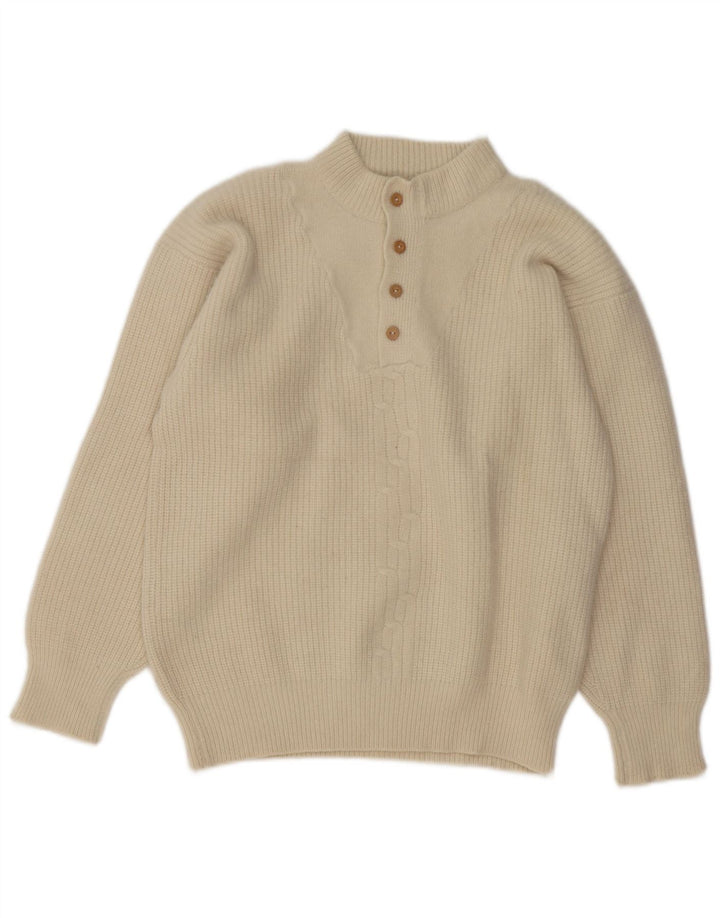 Vintage Damen-Pullover mit Knopfkragen, Gr. 14, mittelweiß