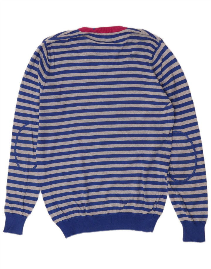 Gas Herren-Pullover mit V-Ausschnitt, mittelblau, gestreift, Baumwolle