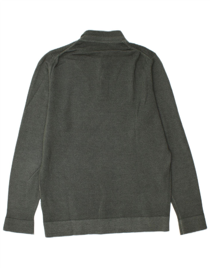 Massimo Dutti Herren-Pullover mit Knopfkragen, mittelgrüne Wolle