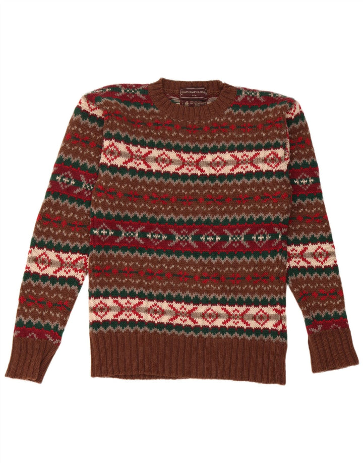 Chaps Herren-Pullover mit Rundhalsausschnitt, klein, braune Fair-Isle-Schurwolle