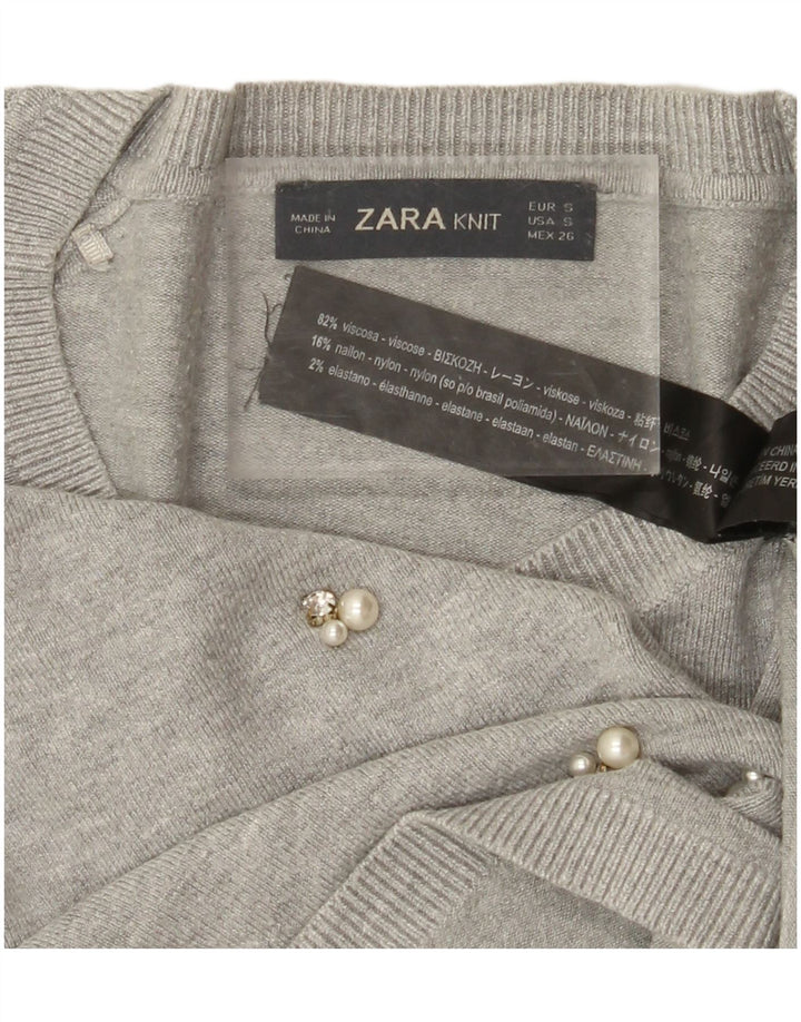 ZARA Damen-Pullover mit 3/4-Ärmeln und U-Boot-Ausschnitt, Gr. 10, Größe S, graue Viskose