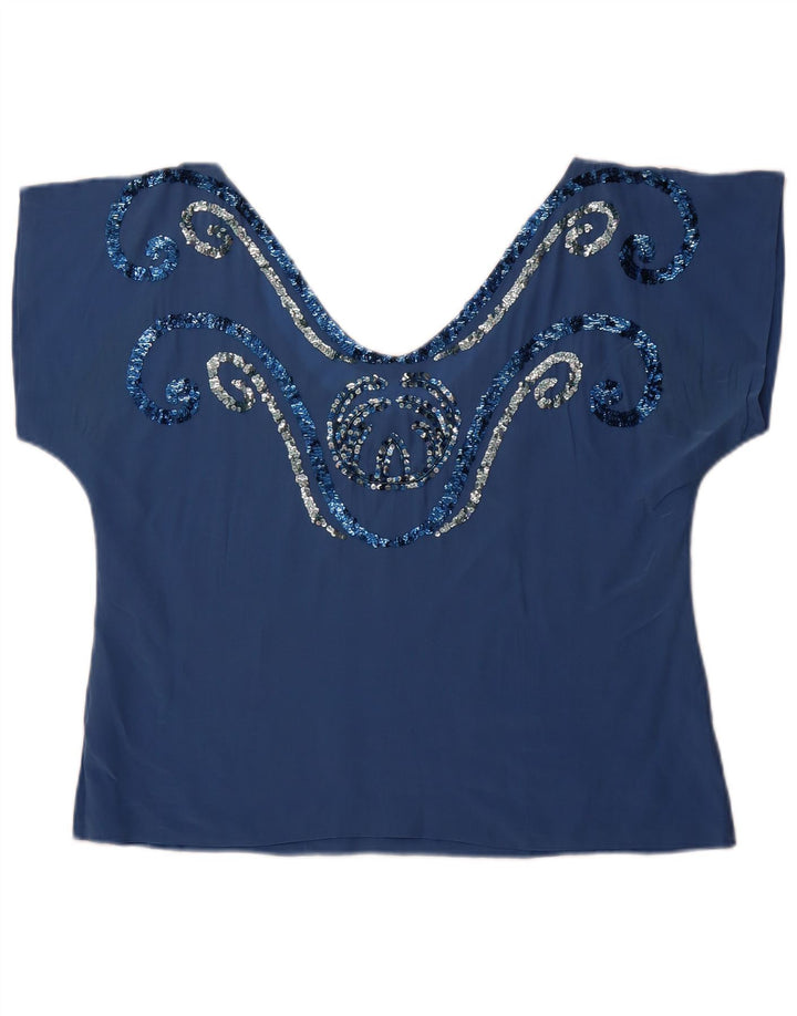 VINTAGE Womens Crop Blouse Top UK 14 Medium Blue