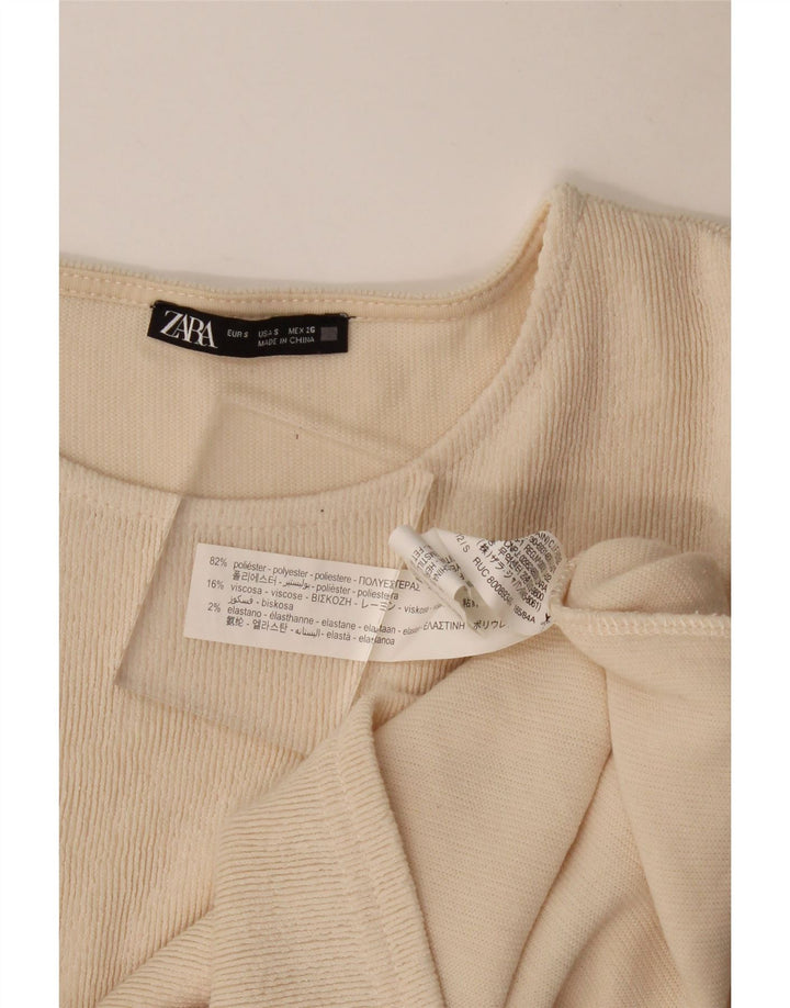 Zara Damen Crop Langarmbluse Top UK 10 Small Beige Polyester