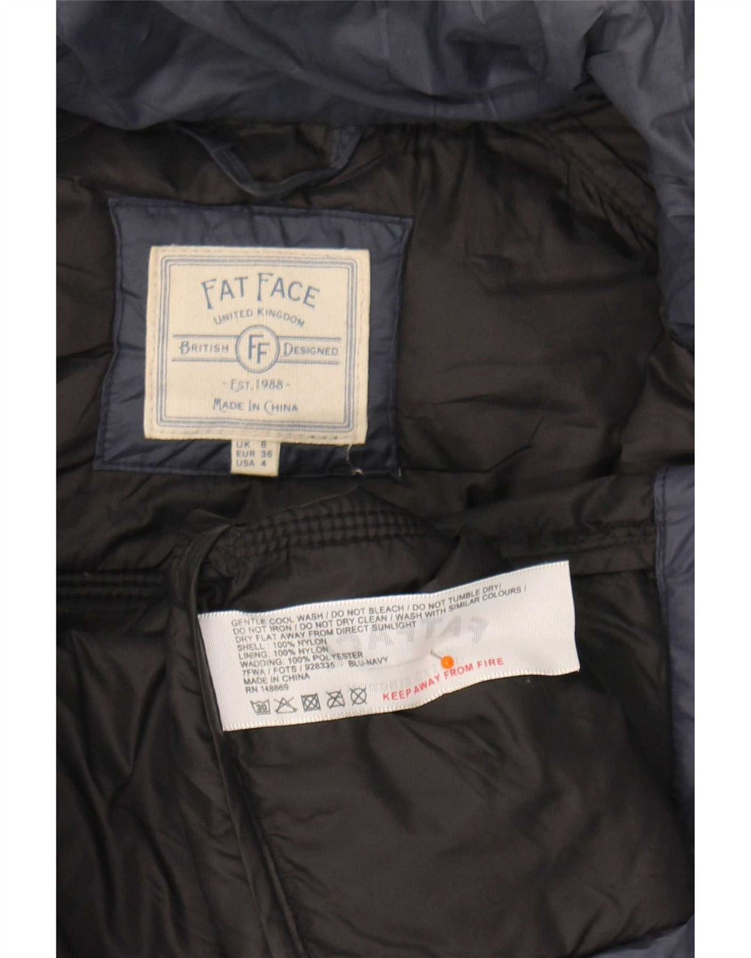 Fat Face Wattierter Damenmantel mit Kapuze, Größe S, Marineblau, Nylon